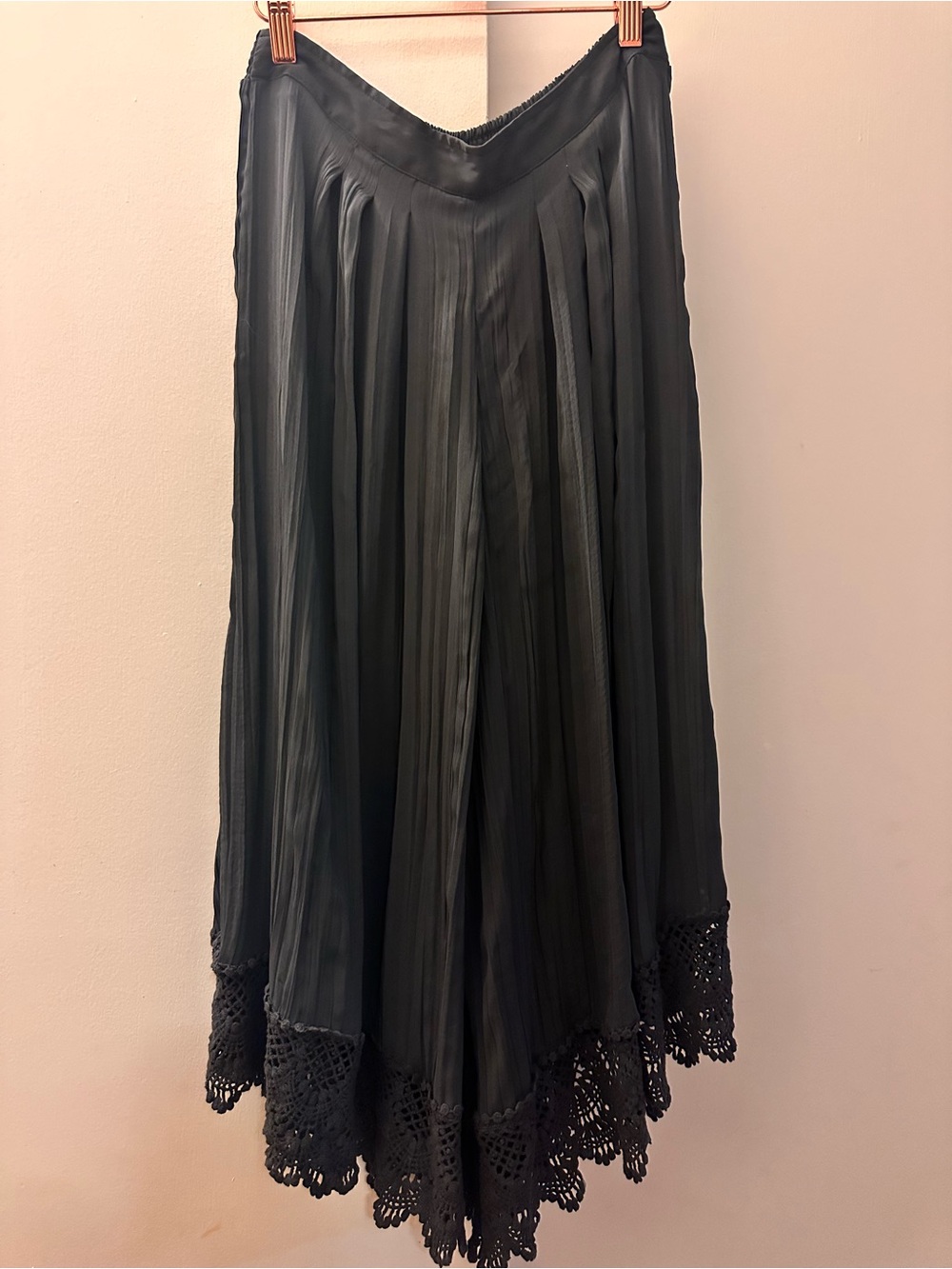 Free People Black Wide-Leg Pleated Pants with Crochet Hem Boho Hippie